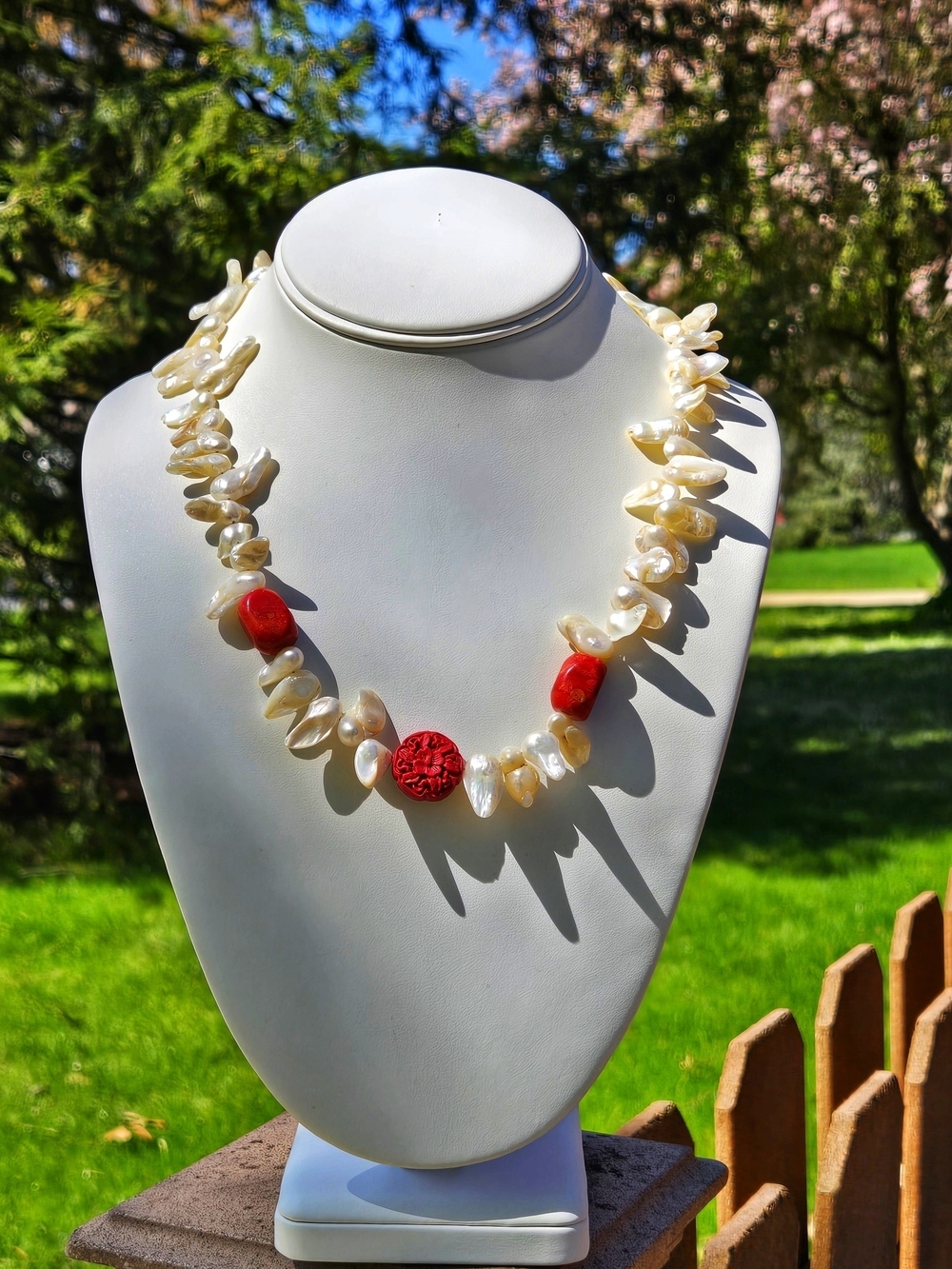 Artisan Cream Pearl Necklace with Red Coral Beads